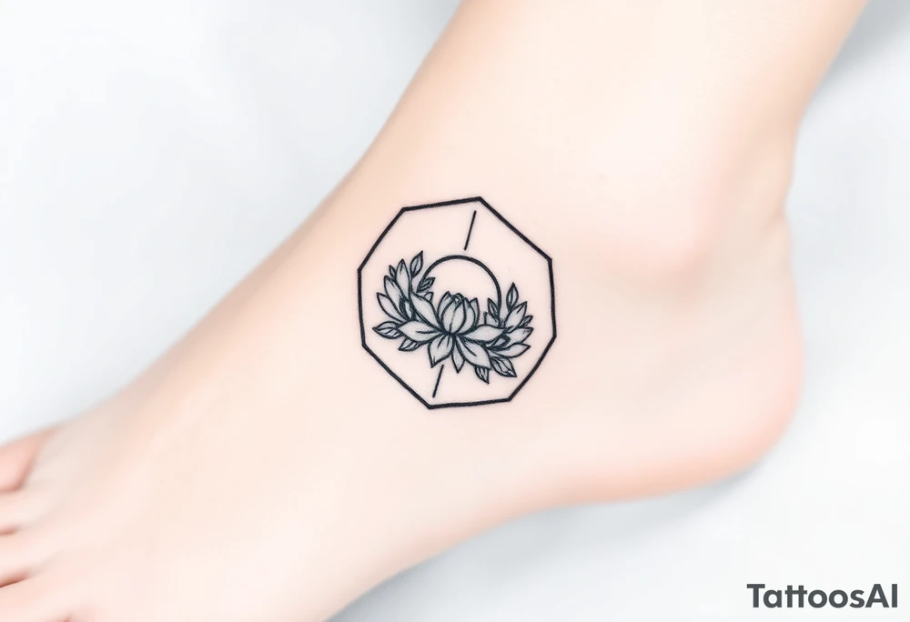 Hexagon with astrological sign for Leo, larkspur and water lilies in the center tattoo idea