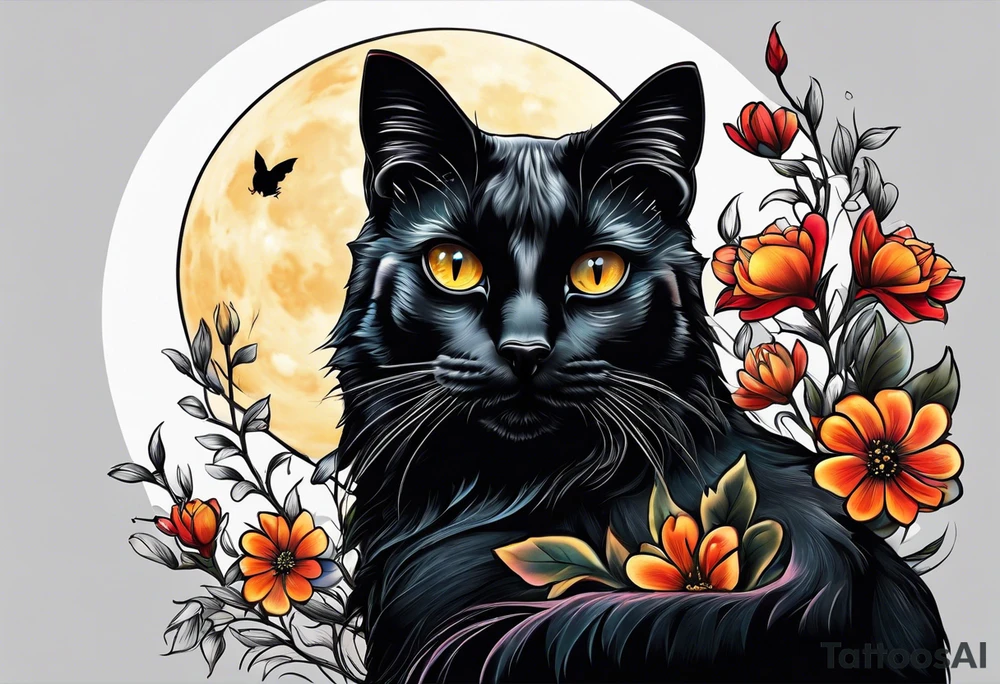 Photo realistic black cat with moon and flowers tattoo idea