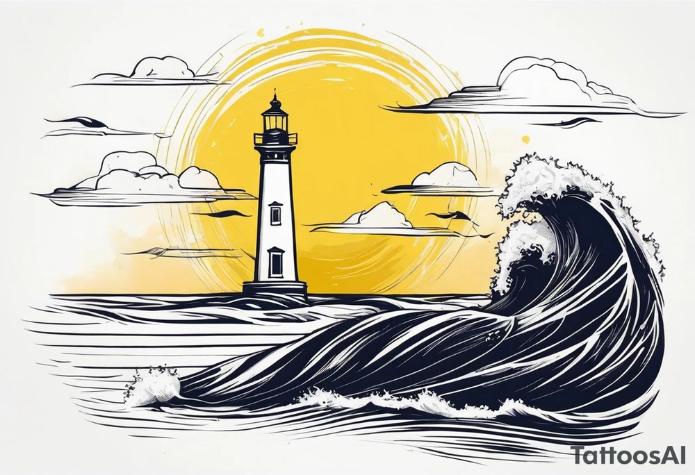 Farol no oceano em mar agitado bem delicado com o farol amarelo, e navio ao fundo tattoo idea