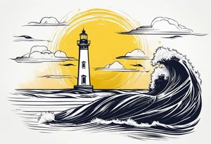 Farol no oceano em mar agitado bem delicado com o farol amarelo, e navio ao fundo tattoo idea