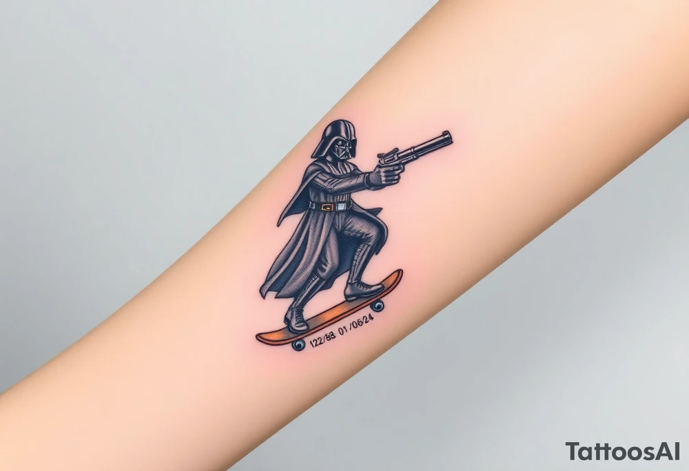Darth Vader skateboarding with gun> bullets > memorial > god > colors > futuristic/space/star wars
add name "Darth Carter" on skateboard
add date 12/29/88-01/06/24 tattoo idea