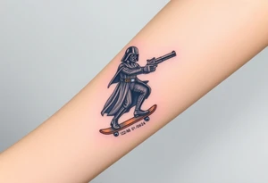 Darth Vader skateboarding with gun> bullets > memorial > god > colors > futuristic/space/star wars
add name "Darth Carter" on skateboard
add date 12/29/88-01/06/24 tattoo idea