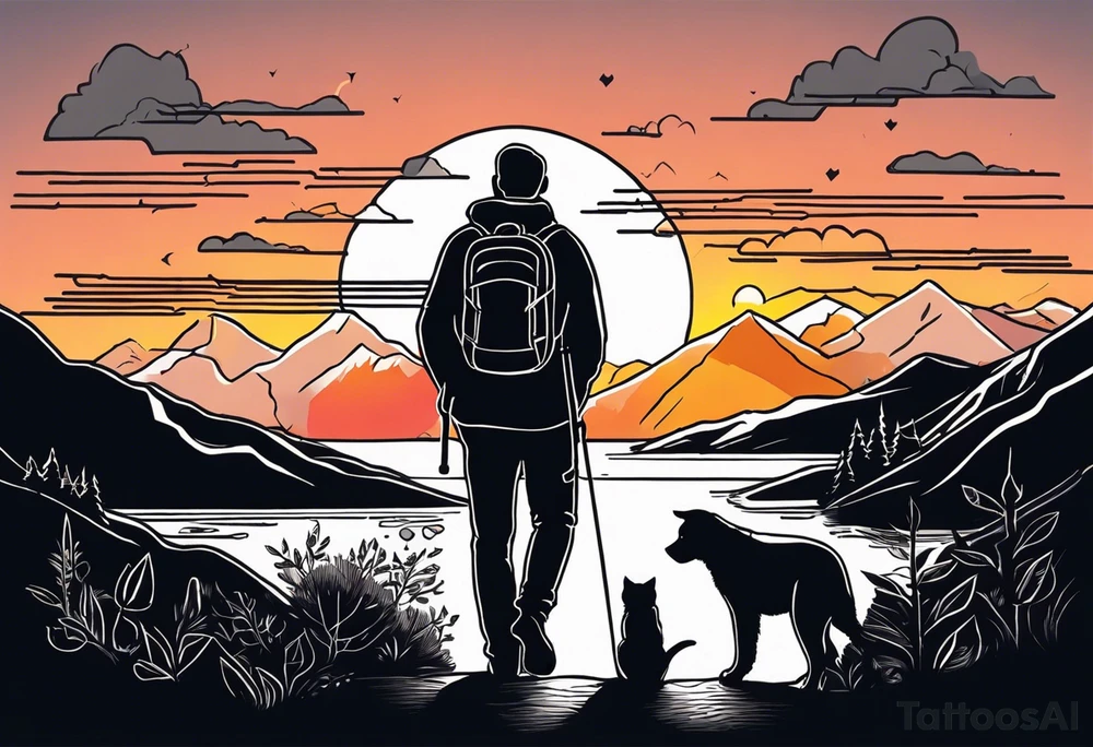 nature, sunset, mountains, a father and son hiking with their dog and cat and a cross tattoo idea