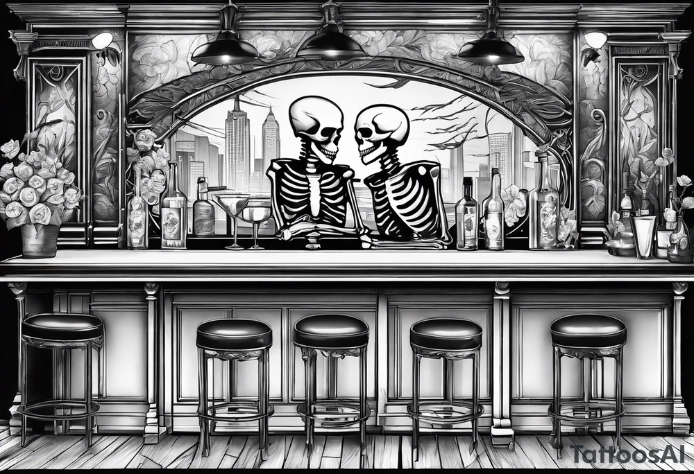 a bar scene with a skeleton couple with bibiscus flowers. western style tattoo idea