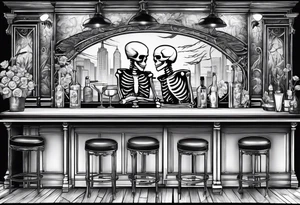 a bar scene with a skeleton couple with bibiscus flowers. western style tattoo idea