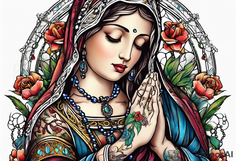 Praying hands with rosary tattoo idea