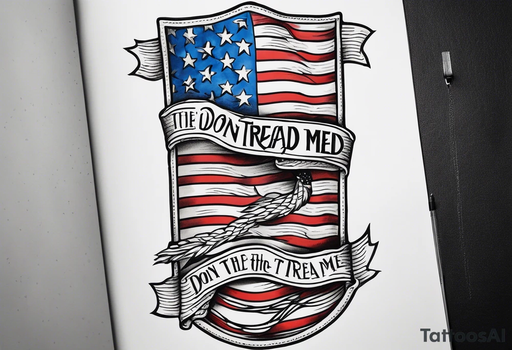 American patriotic forearm tattoo that includes the American flag, the phrase "Don't Tread on Me" tattoo idea