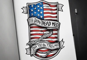 American patriotic forearm tattoo that includes the American flag, the phrase "Don't Tread on Me" tattoo idea