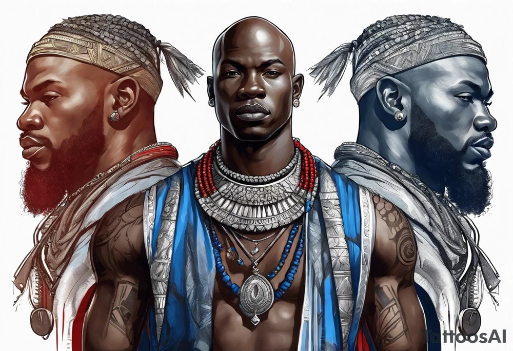 Black-skinned bald african warrior. He wears a simple and small silver crown. He uses two simple necklaces: one blue, other red. tattoo idea