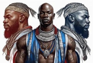 Black-skinned bald african warrior. He wears a simple and small silver crown. He uses two simple necklaces: one blue, other red. tattoo idea