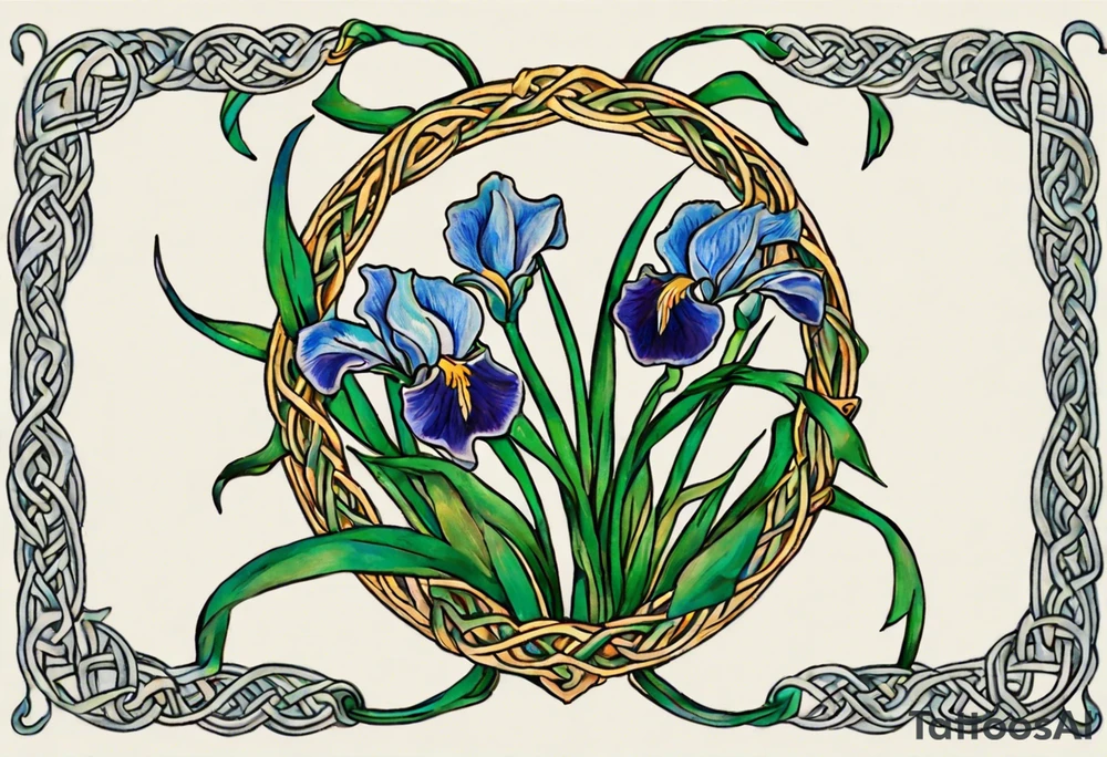 Create a colorful small Vincent van Gogh Irises tattoo with Celtic knots. The tattoo should take the form of a crescent, with vines gracefully intertwining at a central point in the middle of the wreath. Ensure that the design avoids the appearance of a bush and maintains a more structured and deliberate arrangement. The intended placement is on the upper chest. The overall design should be small in size while maintaining a delicate and artistic aesthetic. Pay attention to the graceful flow of the vines and the placement of the irises to achieve a refined and elegant look. tattoo idea