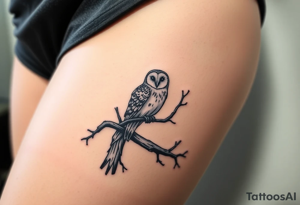 Barn owl perched on ancient oak branch under starlit sky tattoo idea