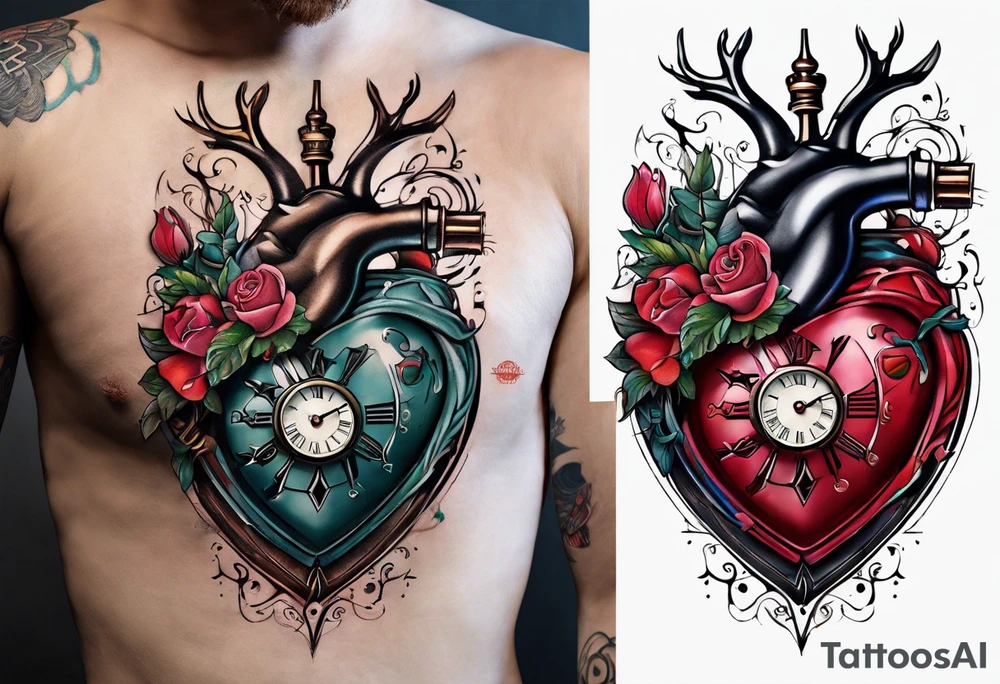 anatomical heart with clock in middle.
Clock hands on 8 and 5.
Never Say Never written on tattoo tattoo idea