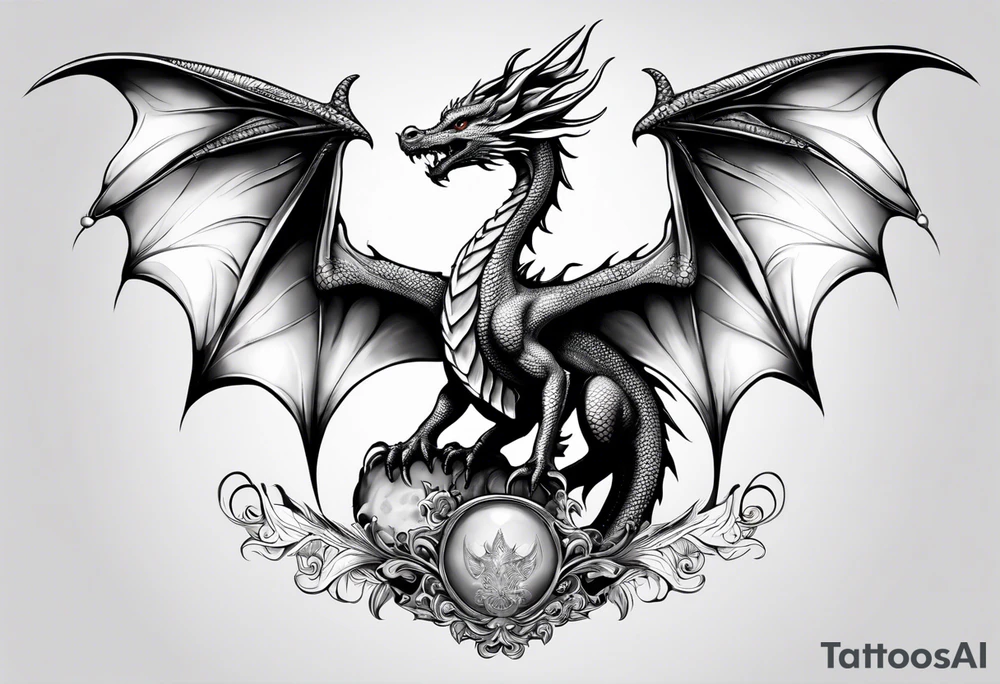 Beautiful female dragon with wings spread mushroom design in wings tattoo idea