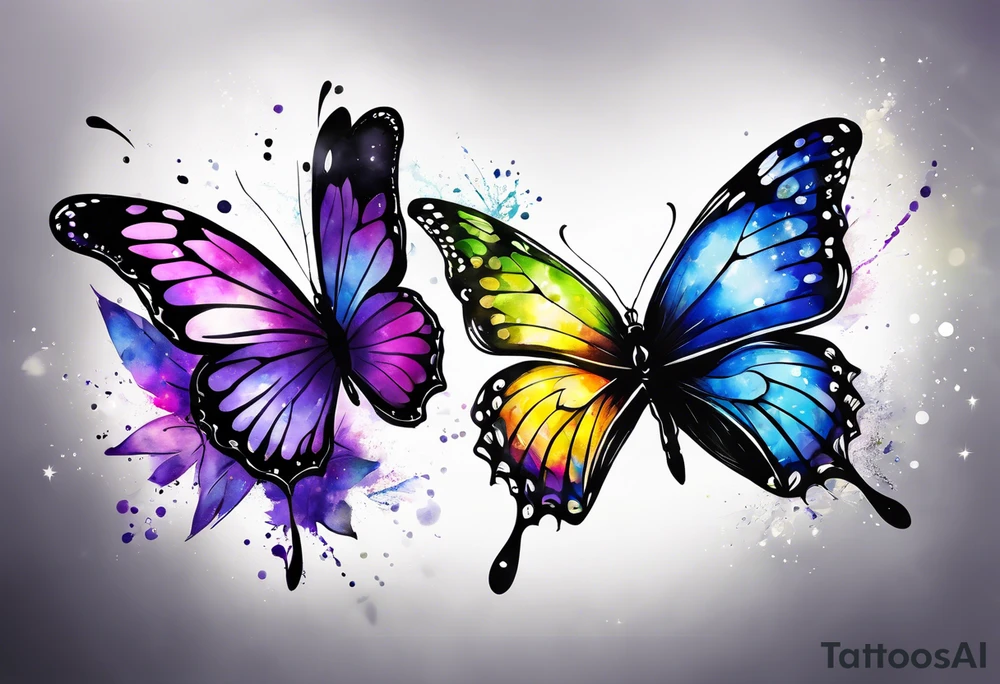One black and white butterflie, two colorfull butterflies. Aquarelle style. Gemini stars.
 Colours blue, violet, green, yellow. tattoo idea