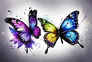 One black and white butterflie, two colorfull butterflies. Aquarelle style. Gemini stars.
 Colours blue, violet, green, yellow. tattoo idea