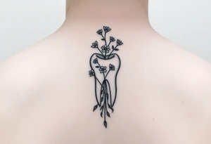 A tooth sprouting small delicate flowers and leaves from its root, fine-line minimalist design tattoo idea