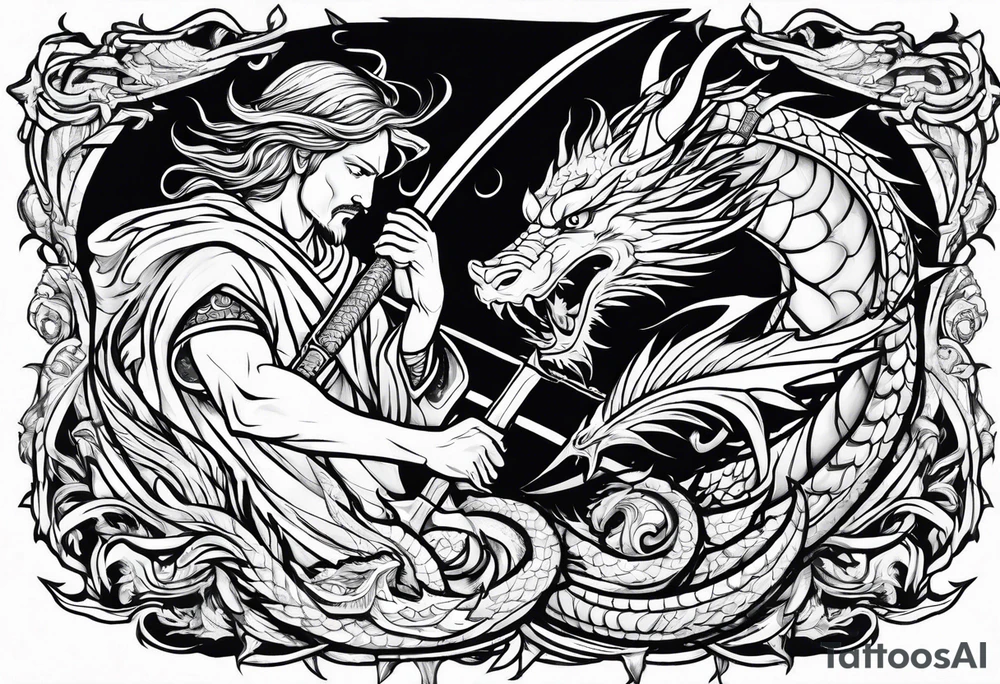 Jesus stabbing a dragon with  spear tattoo idea
