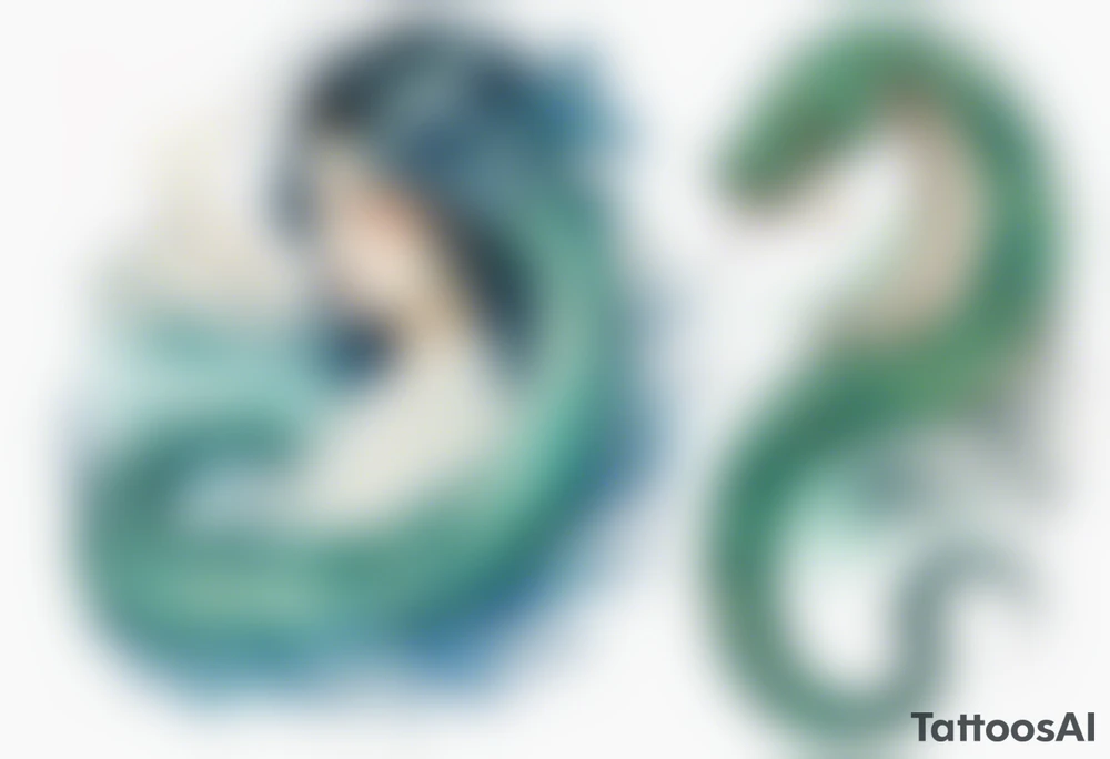 a sea serpent next to a women with blue-green in a white tunic tattoo idea