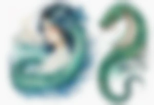 a sea serpent next to a women with blue-green in a white tunic tattoo idea
