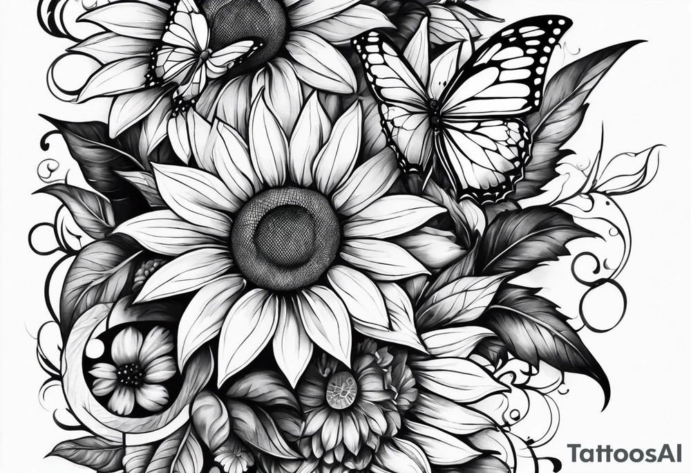 arm sleeve with cross, rainbow sunflowers and butterflies tattoo idea