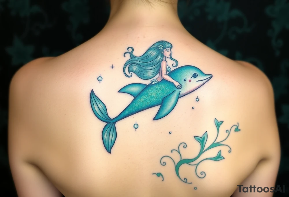 A mermaid riding a dolphin through an enchanted sea, blending deep emerald greens and luminous pearl whites tattoo idea