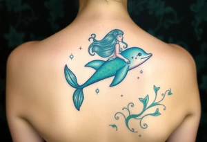 A mermaid riding a dolphin through an enchanted sea, blending deep emerald greens and luminous pearl whites tattoo idea