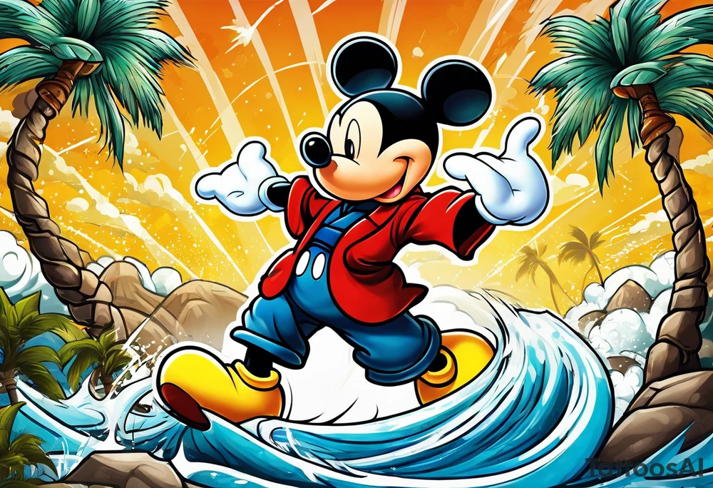 mickey mouse doing martial arts with palm trees, lightning storm and the celtic symbol for family tattoo idea