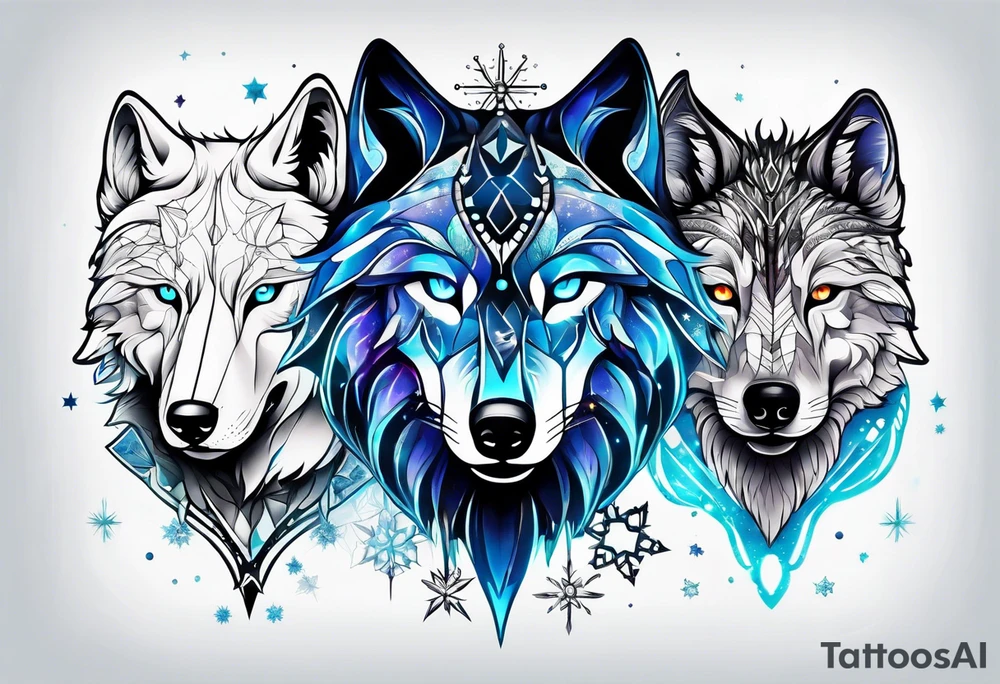 Constellation, two animal alien wolf, snowflake tattoo idea