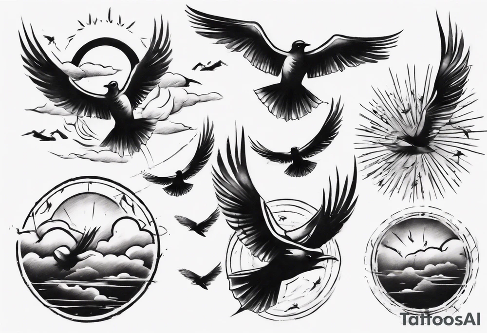 a shoulder tattoo with lots of rays of light in gradient starting from the middle
, clouds and birds flying free tattoo idea