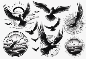 a shoulder tattoo with lots of rays of light in gradient starting from the middle
, clouds and birds flying free tattoo idea