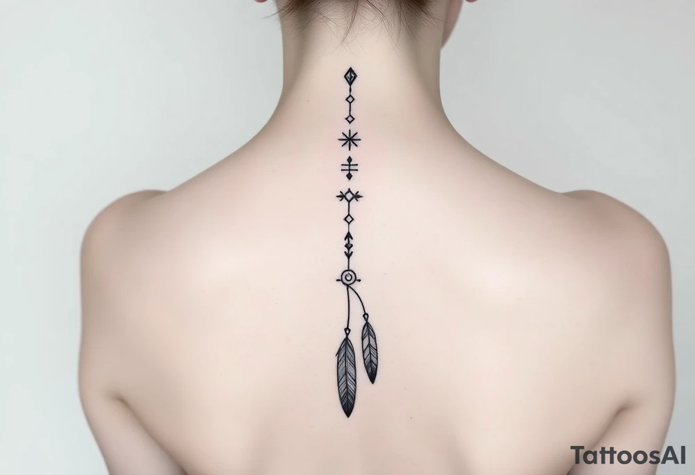 Thin vertical chain of symbols in a native ornament style following down the spine in a  with 3 vertical different lengths flowing lines made of a discreet connection of morse code ".--- .- --.     .-.. ... -.- .- .-.   -.. .. --.     .-.. .. .-.. .-.. . -... .-. --- .-. forming 3 arrow shapes connected to 3 flowing feathers hanging from the end of the morse code lines tattoo idea