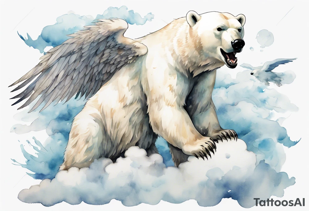 a polar bear with wings, standing on  clouds, roaring tattoo idea