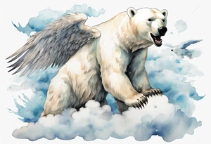 a polar bear with wings, standing on  clouds, roaring tattoo idea