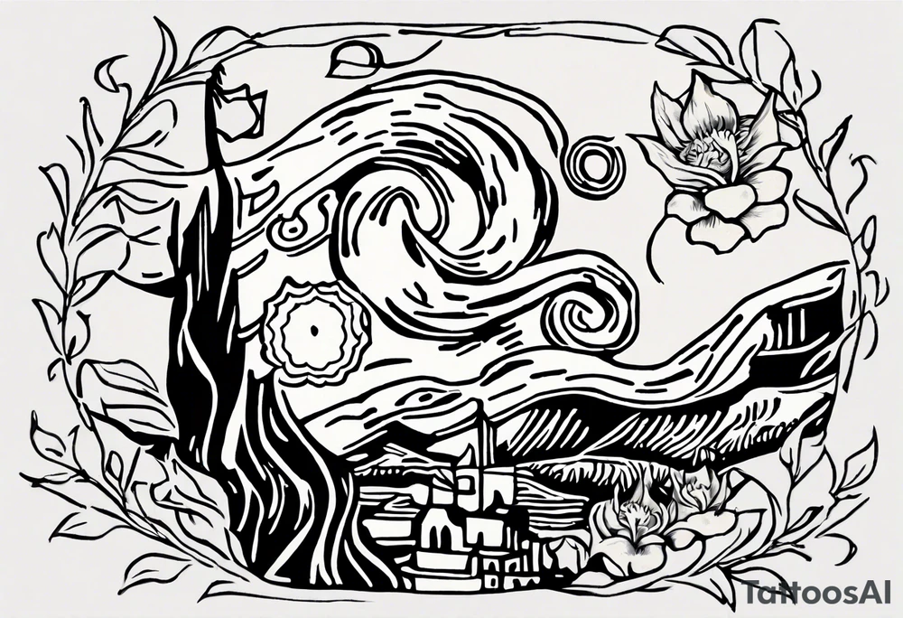 Create a small Vincent van Gogh art tattoo. The intended placement is on the upper chest. The overall design should be small in size while maintaining a delicate and artistic aesthetic. Pay attention to the graceful flow of the vines and the placement of the irises to achieve a refined and elegant look. tattoo idea