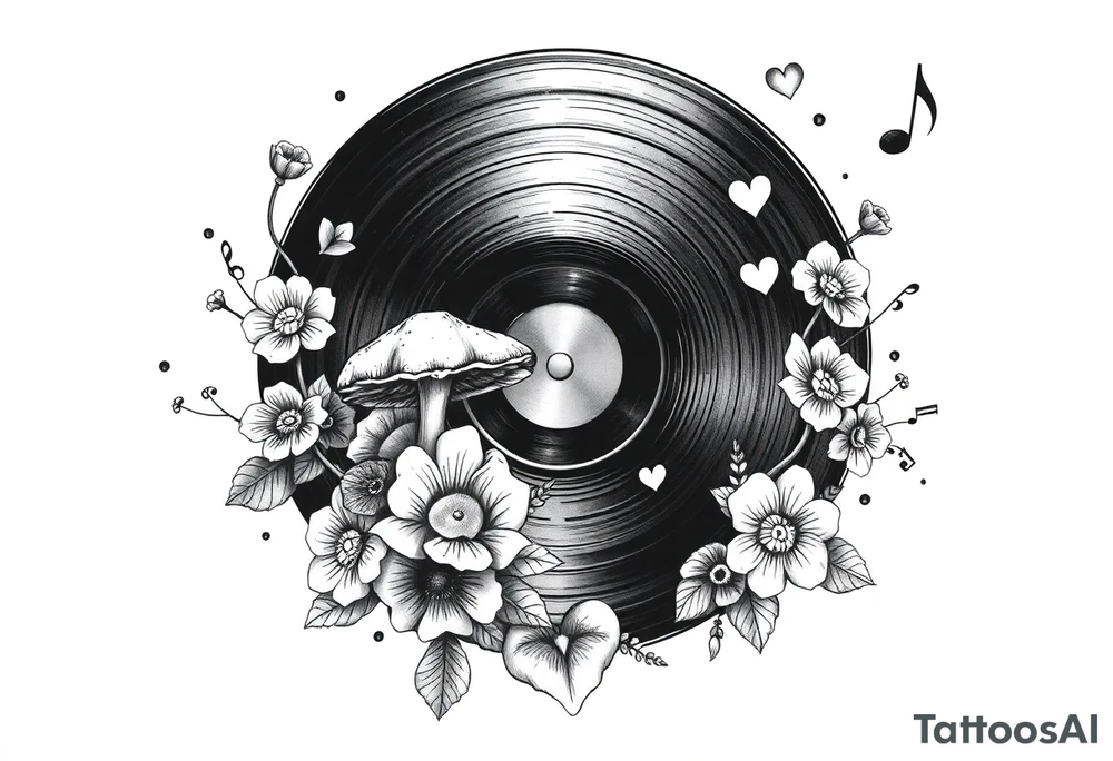 vinyl record with mushrooms, flowers, hearts, and music notes tattoo idea