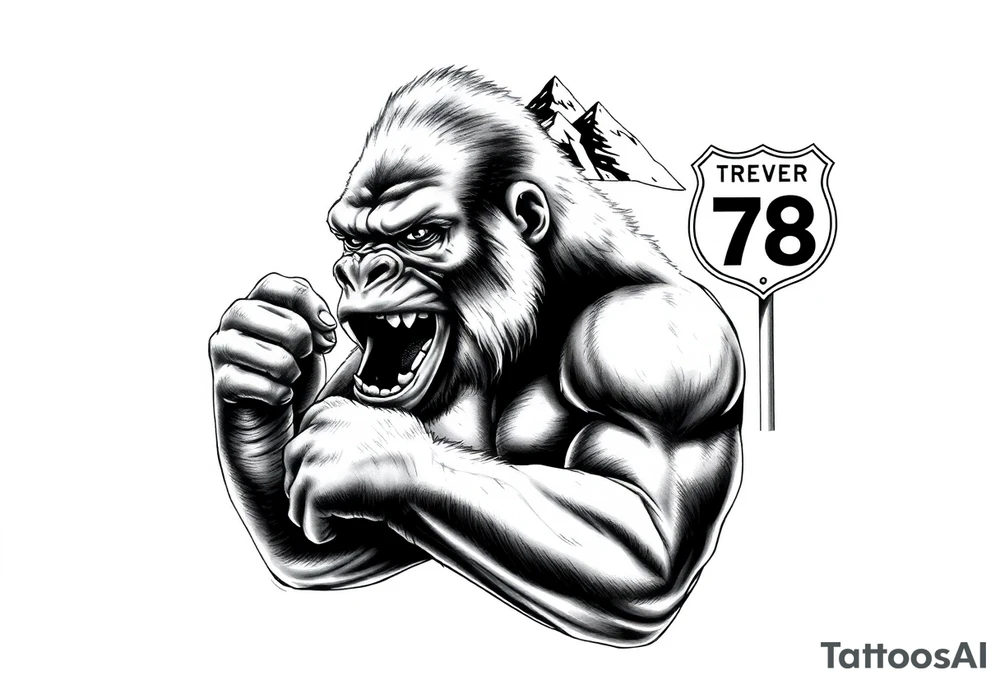 powerful aggressive gorilla with a street sign with a pole on the left that says 42nd st w, a highway sign on the right that says highway 78 and pyramids above the ape’s head that have snow on them all in close proximity. tattoo idea