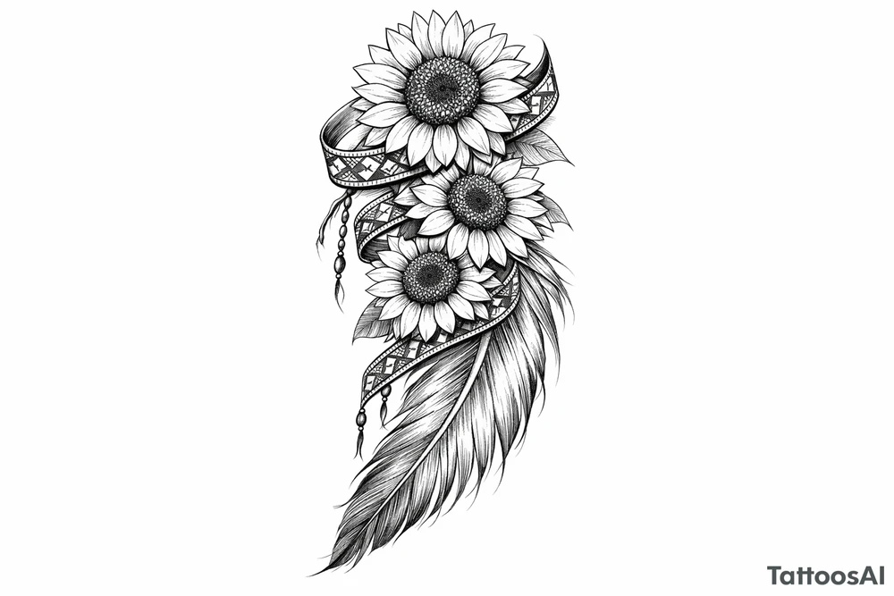 3 cascading sunflowers wrapped in simple Native American ribbon on top of a feather tattoo idea