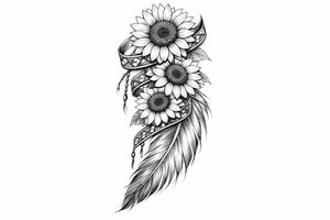 3 cascading sunflowers wrapped in simple Native American ribbon on top of a feather tattoo idea