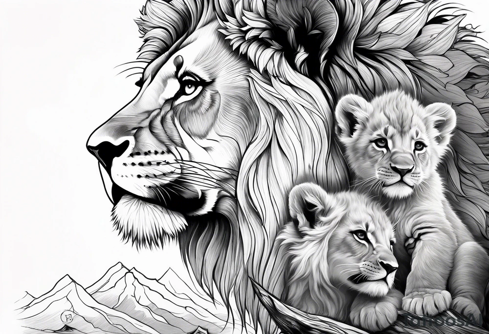 shoulder sleeve with lion and cub, landscape background tattoo idea