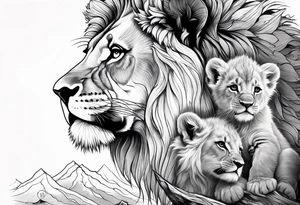 shoulder sleeve with lion and cub, landscape background tattoo idea