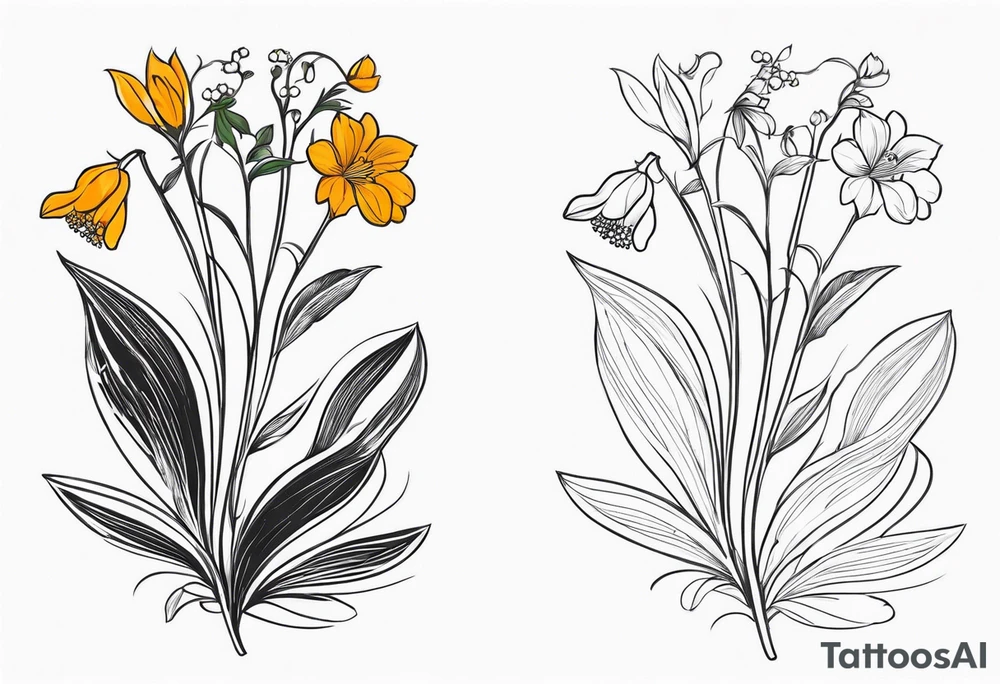 4 flowers. Lily of the valley. Marigold, chrysanthemum, and Lily combined together vertically with small leaves and vines tattoo idea