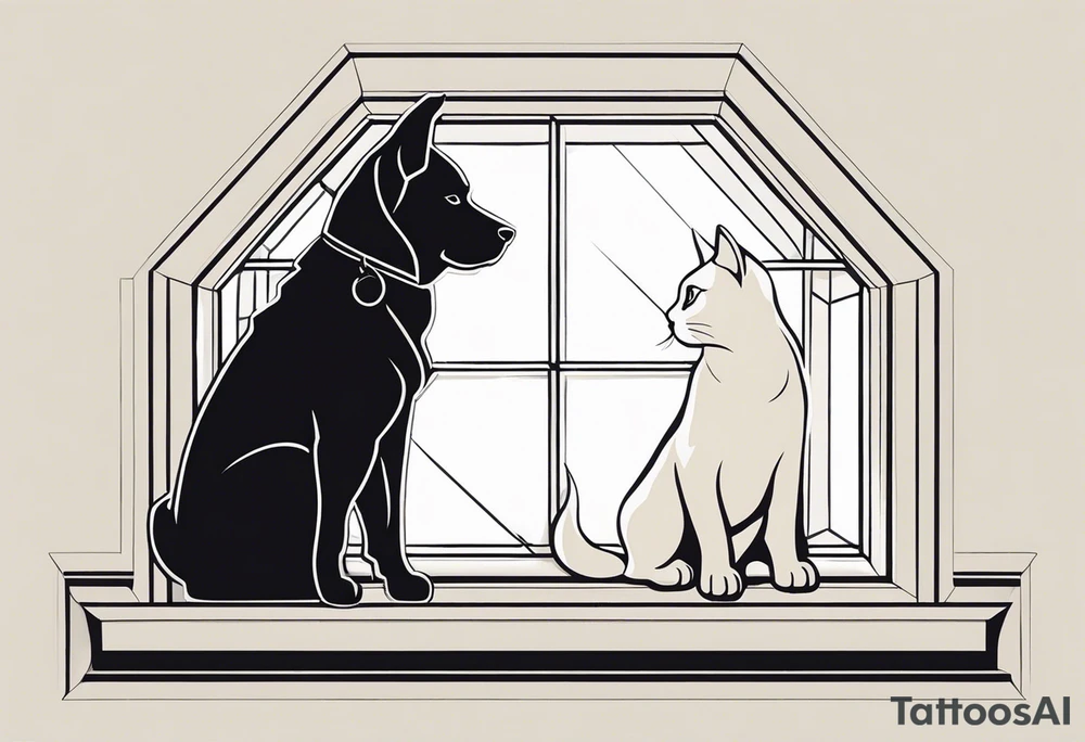 dog and cat sitting on floor and looking out octagonal window together tattoo idea