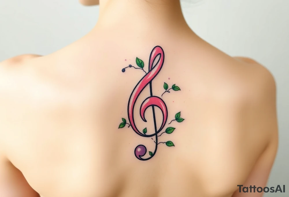 treble clef with vines growing around it, in shades of green, light pink, and soft purple tattoo idea