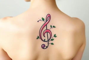 treble clef with vines growing around it, in shades of green, light pink, and soft purple tattoo idea