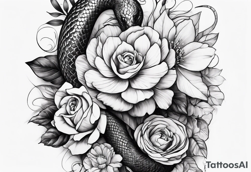 High contrast black and grey forearm snake and flower sleeve stencil tattoo idea