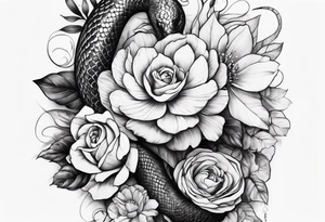 High contrast black and grey forearm snake and flower sleeve stencil tattoo idea