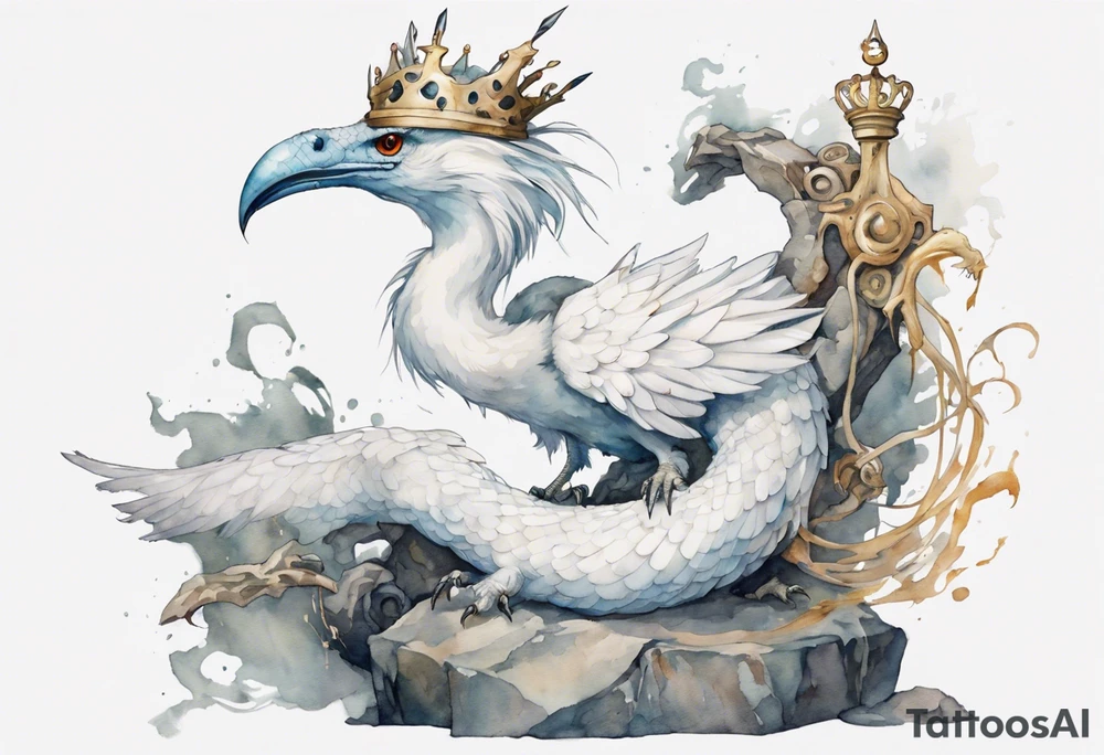 a white bird-serpent hybrid, wearing a iron crown, perched on a stone tattoo idea