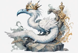 a white bird-serpent hybrid, wearing a iron crown, perched on a stone tattoo idea
