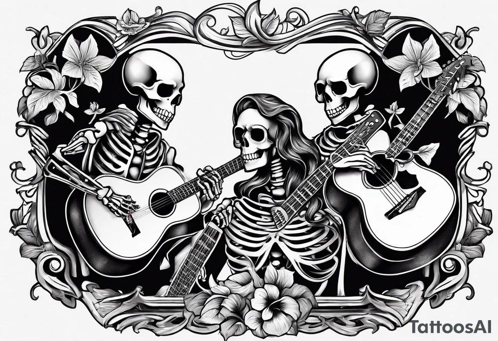 a male and a female skeleton. The male skeleton is playing the guitar. The female skeleton has a hibiscus flower. tattoo idea